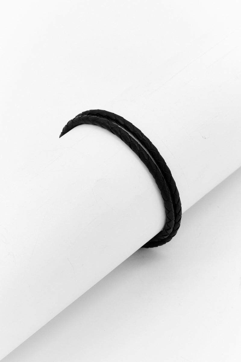 Steeltime Men Black Leather Braided Wrap Bracelet, Black - Image 1